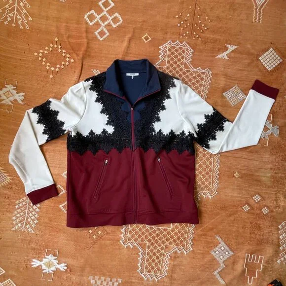 GANNI Colorblock Lace Zip-Up Jacket – Burgundy, Navy & Cream - size small - Picture 4 of 5